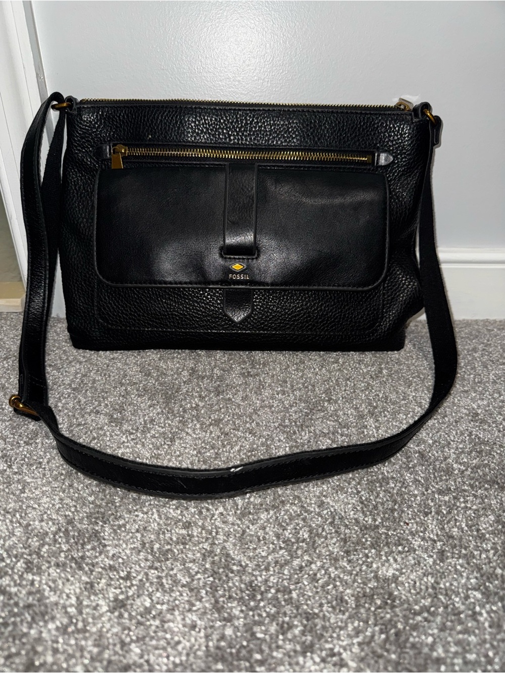 Fossil Black Pebbled & Smooth Leather Crossbody
